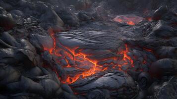 Red lava on a black volcanic ground. photo