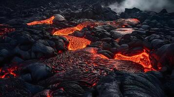 Red lava on a black volcanic ground. photo