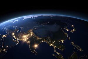 Beautiful amazing planet Earth with night lights of megacities and cities with stars space view. photo