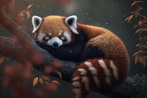 a sleepy red panda nestled in a tree, with its eyes closed and paw resting on a branch. photo