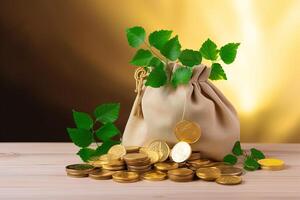 a bag of gold coins with a plant growing out of it. photo