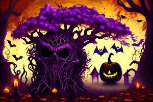 A halloween scene with a tree and a skull with bats and a pumpkin photo