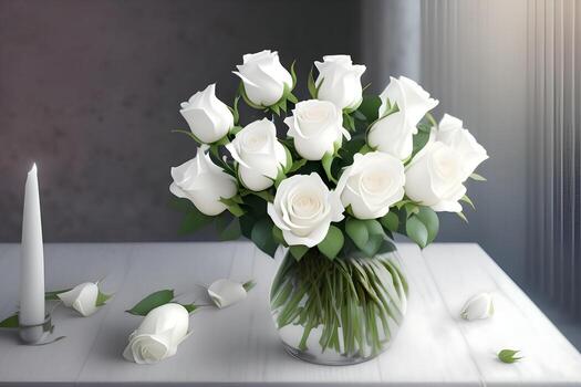 A vase of white roses with green leaves on a table photo