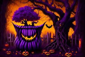 A halloween scene with a purple monster with a tree and pumpkins in the background. photo