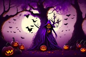 Halloween background with a tree and pumpkins photo