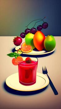 A poster for a fruit juice with a fruit on the table. photo