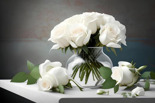 A vase of white roses sits on a table with a grey background. photo