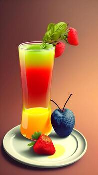 A glass of fruit juice with a blueberry on the bottom. photo