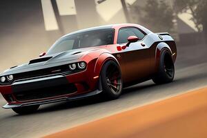 A dodge challenger with a red stripe on the side. photo