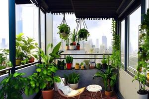 A balcony with a view of the city and a chair that says green photo