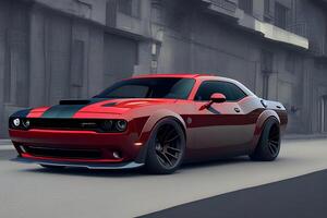 A red dodge challenger with a black stripe on the front. photo