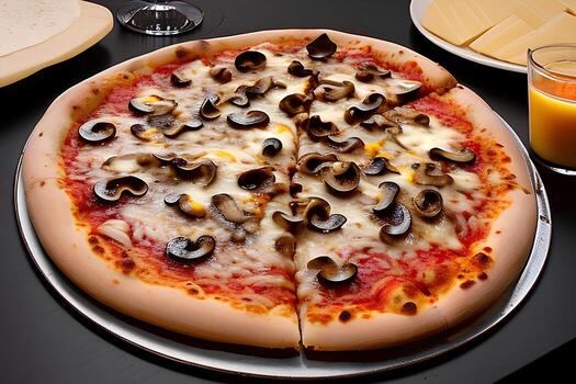 A pizza with mushrooms on it and a plate with a glass of wine on the table photo