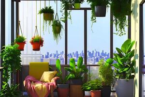 A window with a view of a city and a planter with plants in it. photo