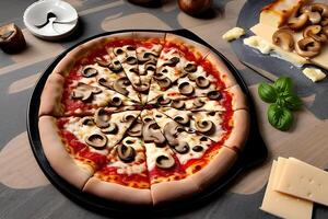 A pizza with mushrooms on it photo