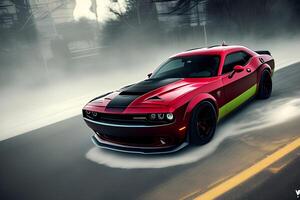 A red dodge challenger with a green stripe on the front. photo