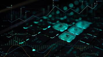 Close-up shot of keyboard with glowing business icons. Concept of business, finance, investment. . photo
