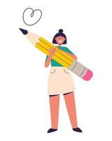 Happy woman holding big pencil vector illustration