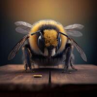 Closeup view of honey bee on the table, in a flight and on honeycomb. Useful insect photo