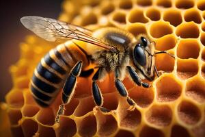 Closeup view of honey bee on the table, in a flight and on honeycomb. Useful insect photo