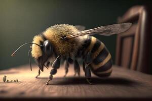 Closeup view of honey bee on the table, in a flight and on honeycomb. Useful insect photo