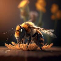 Closeup view of honey bee on the table, in a flight and on honeycomb. Useful insect photo