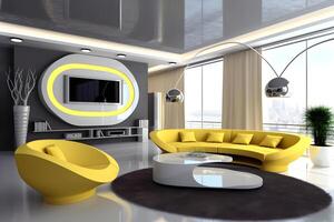 Modern hightech classical interior design living room in yellow tones and color photo