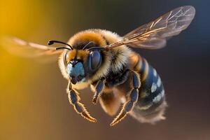 Closeup view of honey bee on the table, in a flight and on honeycomb. Useful insect photo