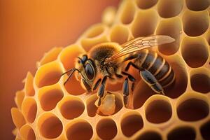 Closeup view of honey bee on the table, in a flight and on honeycomb. Useful insect photo