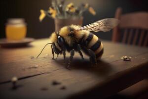 Closeup view of honey bee on the table, in a flight and on honeycomb. Useful insect photo