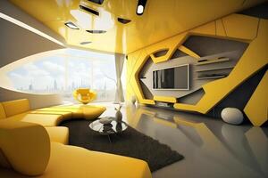 ai generado moderno alta tecnología clásico interior diseño vivo habitación en amarillo tonos y color foto