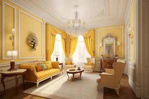 ai generado moderno alta tecnología clásico interior diseño vivo habitación en amarillo tonos y color foto