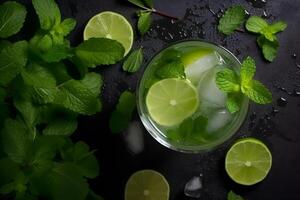 Wet glass of fresh cool cold mohito cocktail on the table at beach at summer time. Abstract surreal magic cocktail in space or other planet like mars. Under water ocean beverage. photo