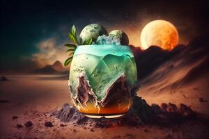 Wet glass of fresh cool cold mohito cocktail on the table at beach at summer time. Abstract surreal magic cocktail in space or other planet like mars. Under water ocean beverage. photo