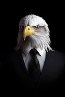 ai generado retrato de águila en negro traje blanco camiseta, Estados Unidos bandera atar. resumen personaje en el gris antecedentes. foto