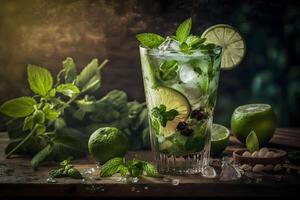 Wet glass of fresh cool cold mohito cocktail on the table at beach at summer time. Abstract surreal magic cocktail in space or other planet like mars. Under water ocean beverage. photo