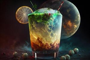 Wet glass of fresh cool cold mohito cocktail on the table at beach at summer time. Abstract surreal magic cocktail in space or other planet like mars. Under water ocean beverage. photo