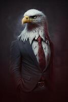 ai generado retrato de águila en negro traje blanco camiseta, Estados Unidos bandera atar. resumen personaje en el gris antecedentes. foto