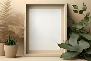 frame biege empty mockup in minimalist interior with plants nearby on biege background photo