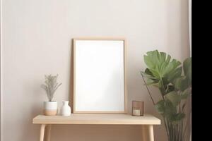 frame biege empty mockup in minimalist interior with plants nearby on biege background photo