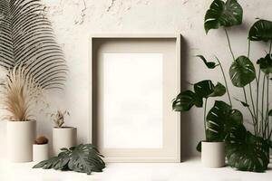 frame biege empty mockup in minimalist interior with plants nearby on biege background photo
