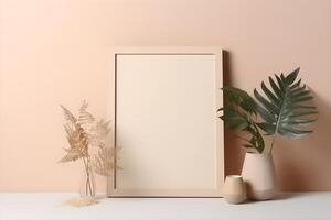 frame biege empty mockup in minimalist interior with plants nearby on biege background photo