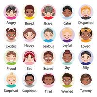 conjunto de diferente facial expresiones diverso niños personaje. colección de niños sentimientos. linda niño emoji con varios emociones diverso niños retrato vector