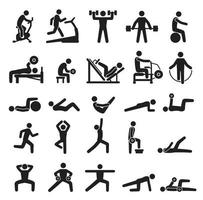 Fitness exercise icons, sport workout pictograms. People doing yoga, exercising, jogging. Various sports activities silhouette vector icon set