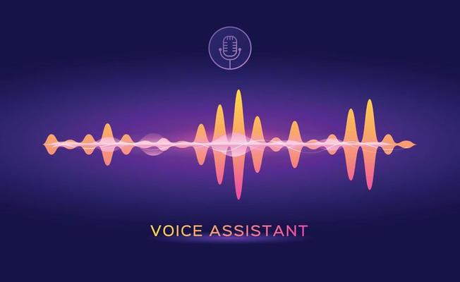 Personal voice assistant, sound recognition artificial intelligence. Microphone logo with speech soundwave virtualization vector concept