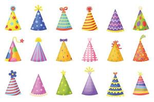 dibujos animados cumpleaños fiesta sombreros, fiesta celebracion papel conos gracioso Navidad a rayas fiesta tapas con vistoso decoraciones vector conjunto