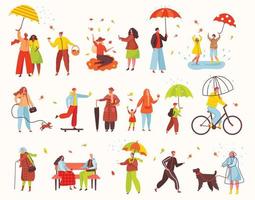 People walking with umbrellas under rain in autumn season park. Characters in warm clothes riding bike, walking dog. Fall activities vector set