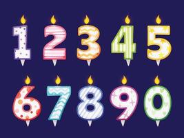 Burning candle numbers for cake decoration, birthday party celebration. Kids birthdays or anniversary number candles with flames vector set