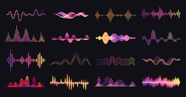 Colorful sound waves, abstract music audio frequency. Voice soundwave, electronic equalizer, sound amplitude, radio waveform vector set