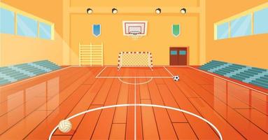 Cartoon school basketball gym, indoor sports court. Empty university gymnasium with basketball hoop and sport equipment vector illustration