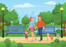 Cartoon happy family with kids walking in city park. Father, mother and daughter spending time outdoor in summer park vector illustration